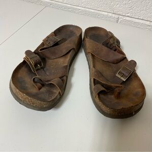 Mountain Sole Mayari brown oiled leather sandals cork sole worn women’s buckle